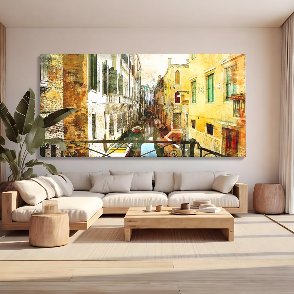 Tablou canvas cu tablou canvas cu peisaj venetian, fara rama, pe sasiu de lemn, pe perete intr-un living